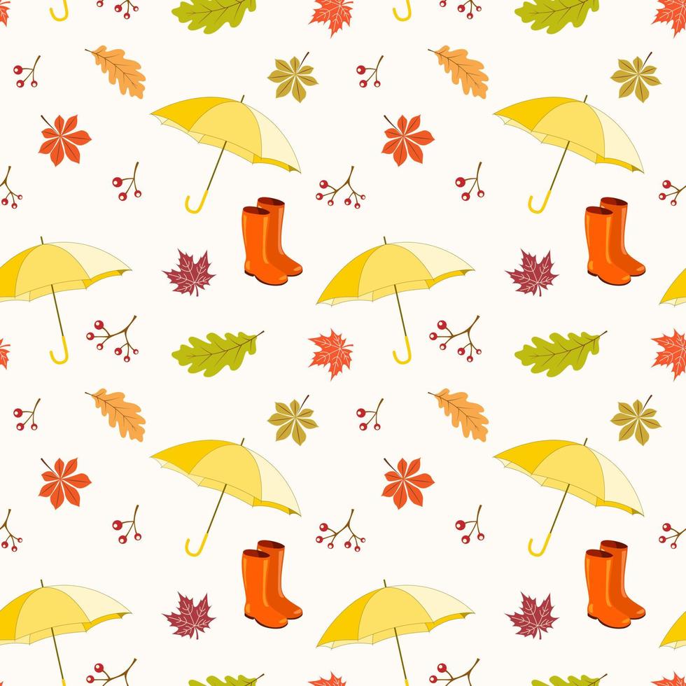 Seamless Pattern with Umbrellas Rubber Boots and Autumn Leaves. Vector illustration, background for Autumn, Harvest, Thanksgiving celebration, greeting card design, scrapbooking, textile.