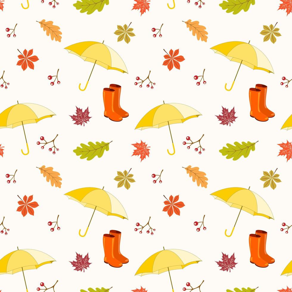 Seamless Pattern with Umbrellas Rubber Boots and Autumn Leaves. Vector illustration, background for Autumn, Harvest, Thanksgiving celebration, greeting card design, scrapbooking, textile.