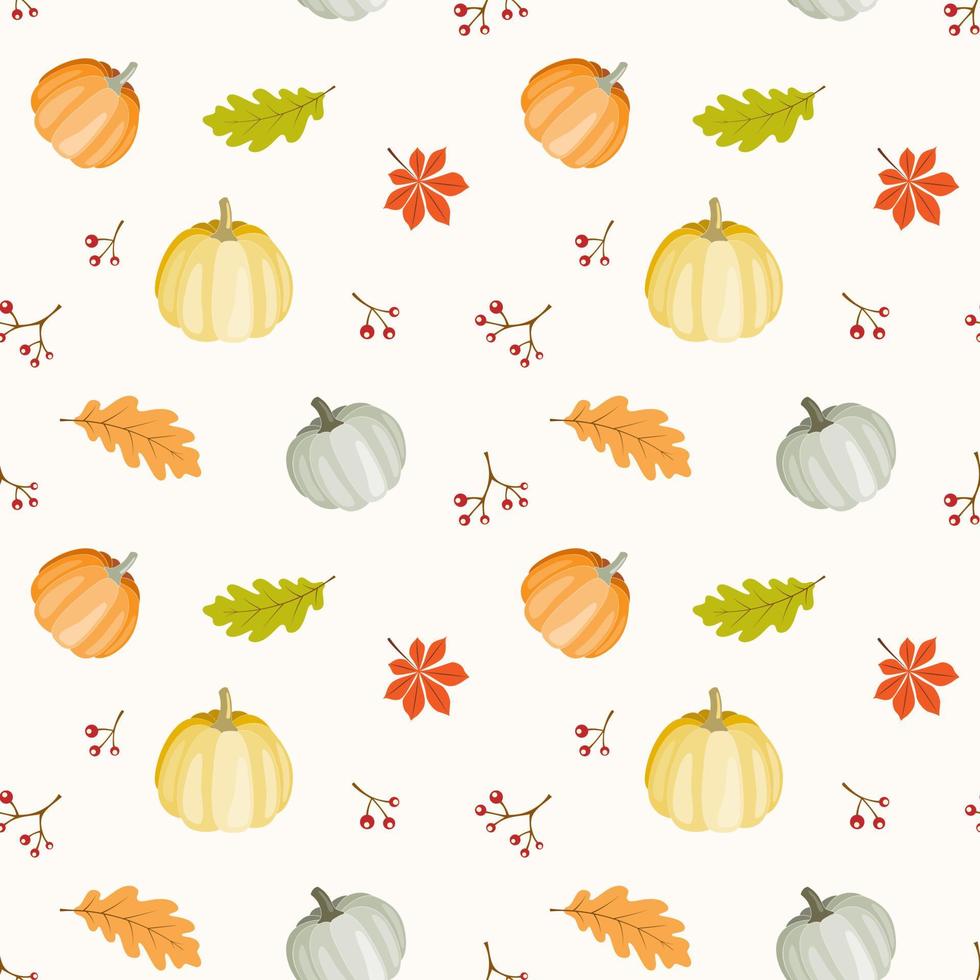 Seamless pattern of pumpkins and leaves in warm Autumn colours. Vector illustration, background for Thanksgiving and harvest celebration, cards design, scrapbooking, textile.