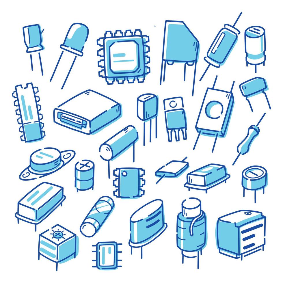 elementos de componentes eléctricos básicos comienzan a inclinarse símbolos de iconos dibujo azul en blanco aislar simple vector