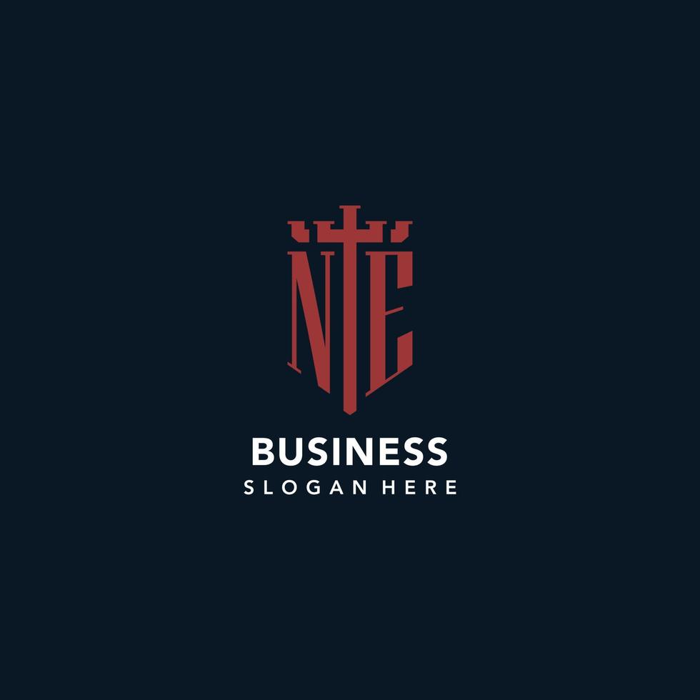 NE initial monogram logos with sword and shield shape design vector