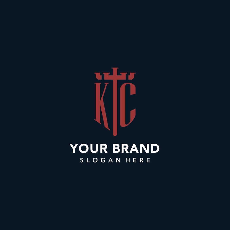 KC initial monogram logos with sword and shield shape design vector