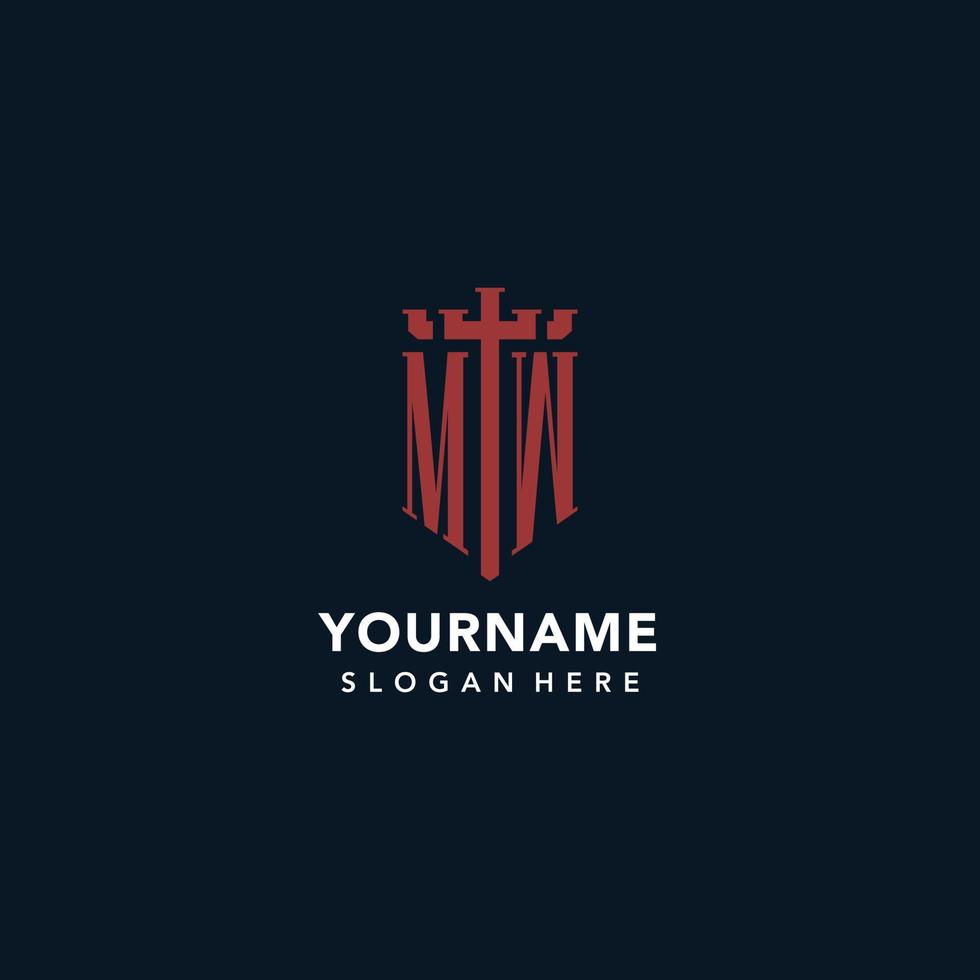 MW initial monogram logos with sword and shield shape design vector