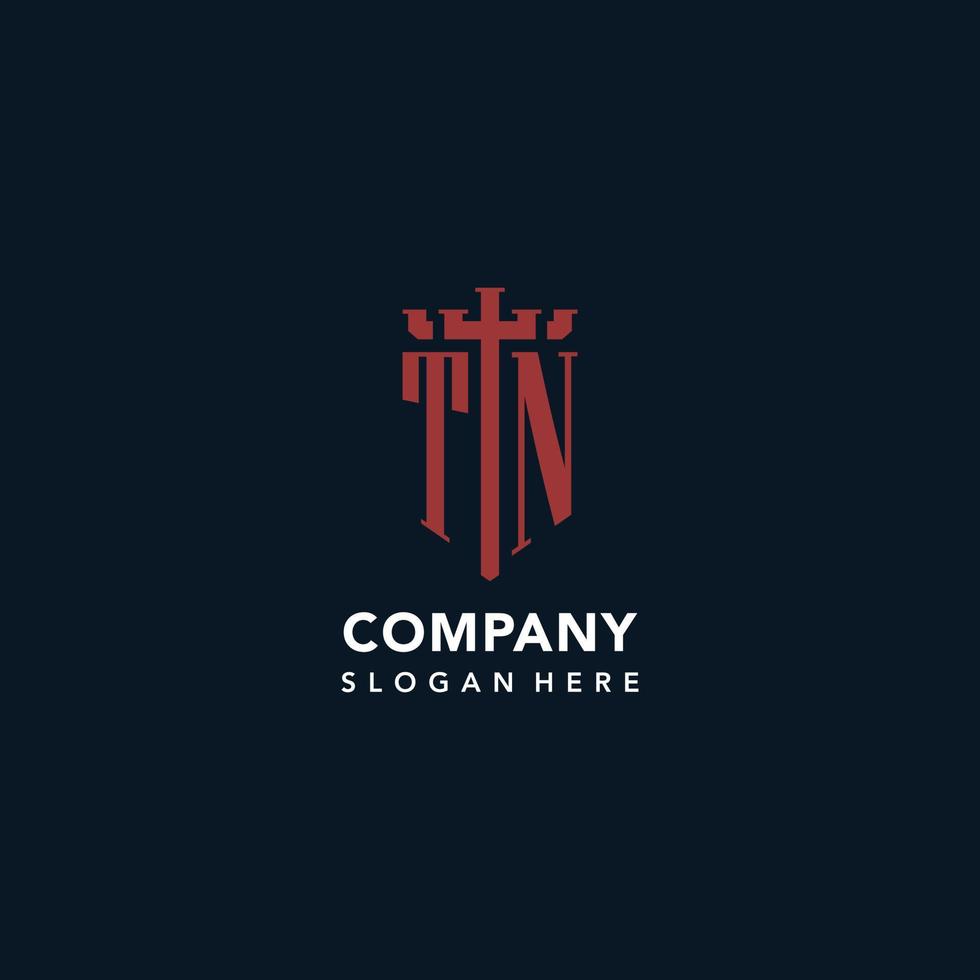 TN initial monogram logos with sword and shield shape design vector