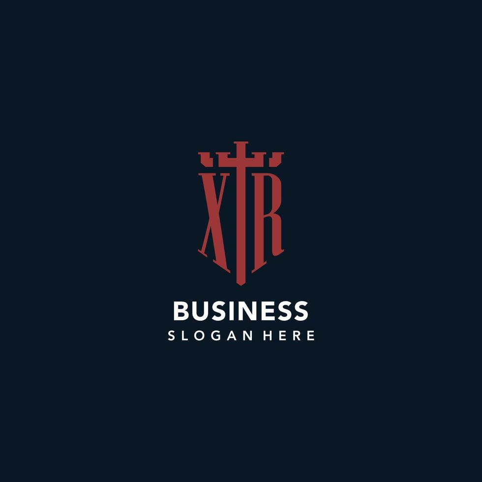 XR initial monogram logos with sword and shield shape design vector