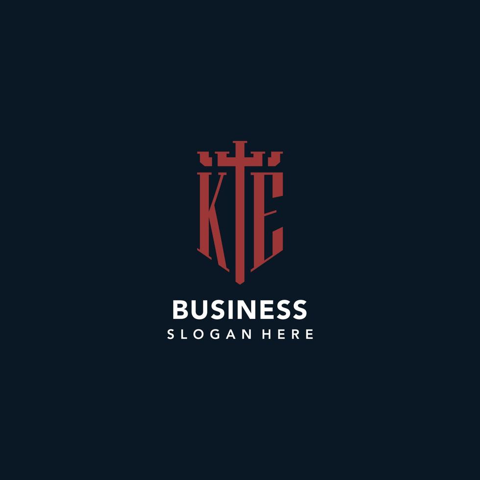 KE initial monogram logos with sword and shield shape design vector