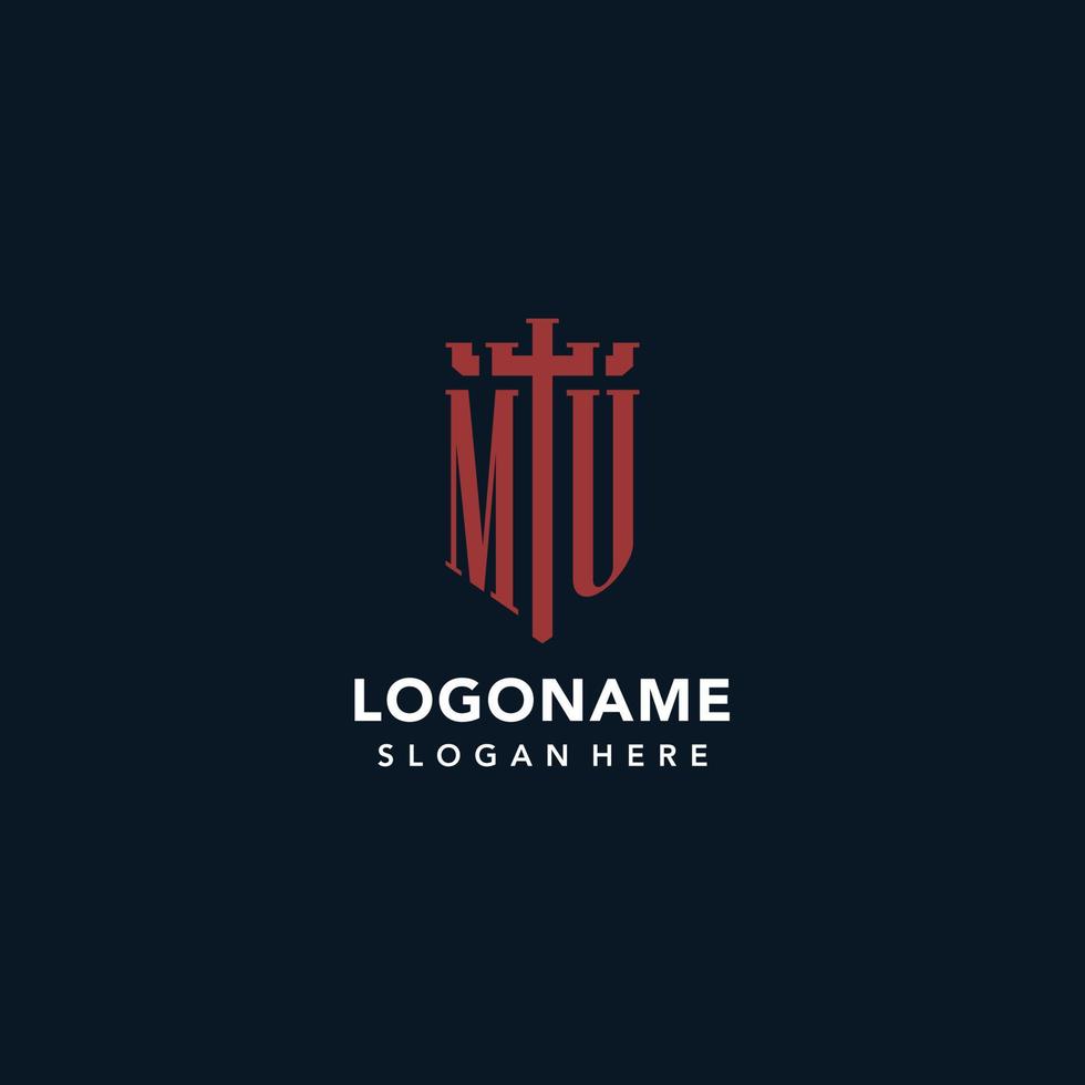 MU initial monogram logos with sword and shield shape design vector
