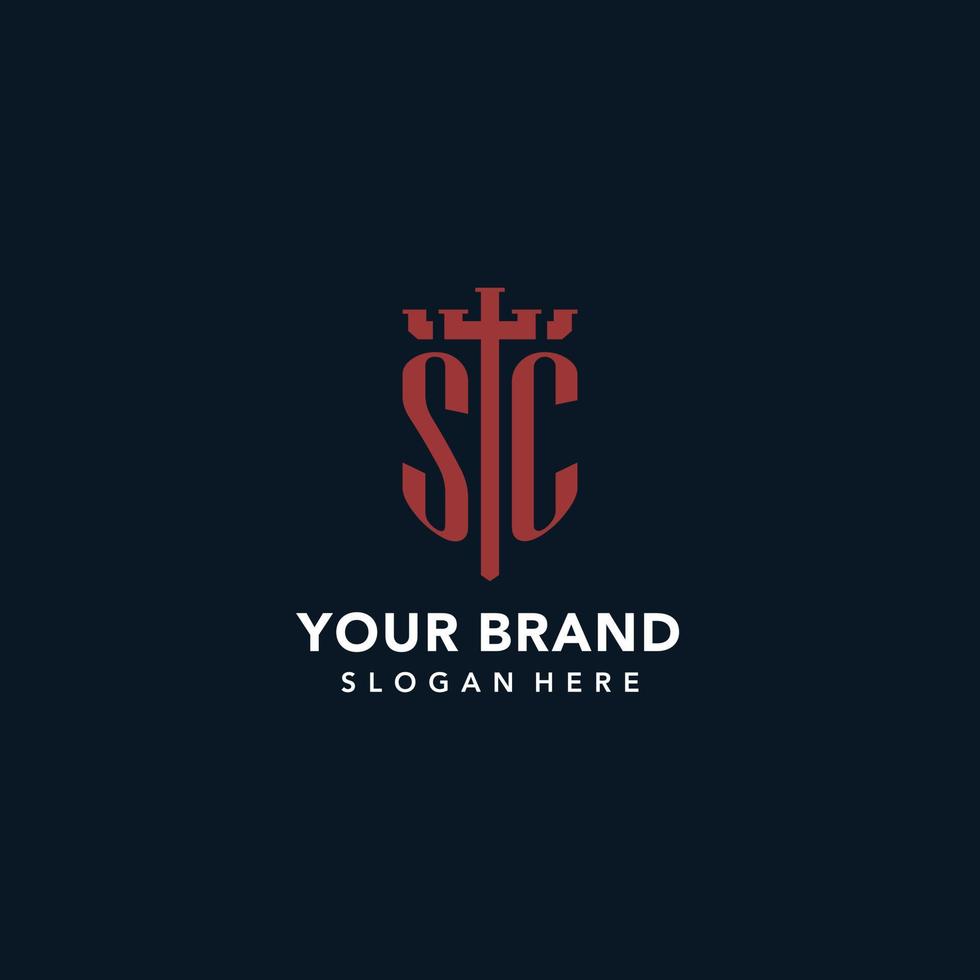 SC initial monogram logos with sword and shield shape design vector