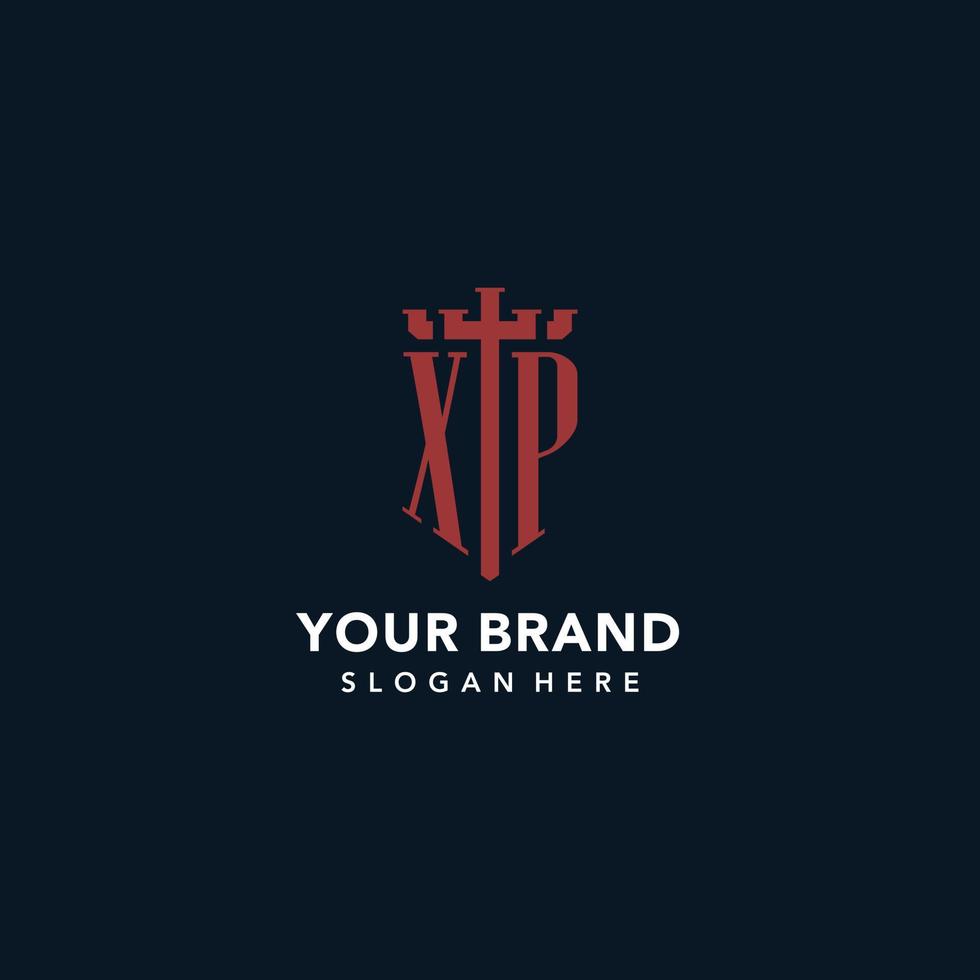 XP initial monogram logos with sword and shield shape design vector