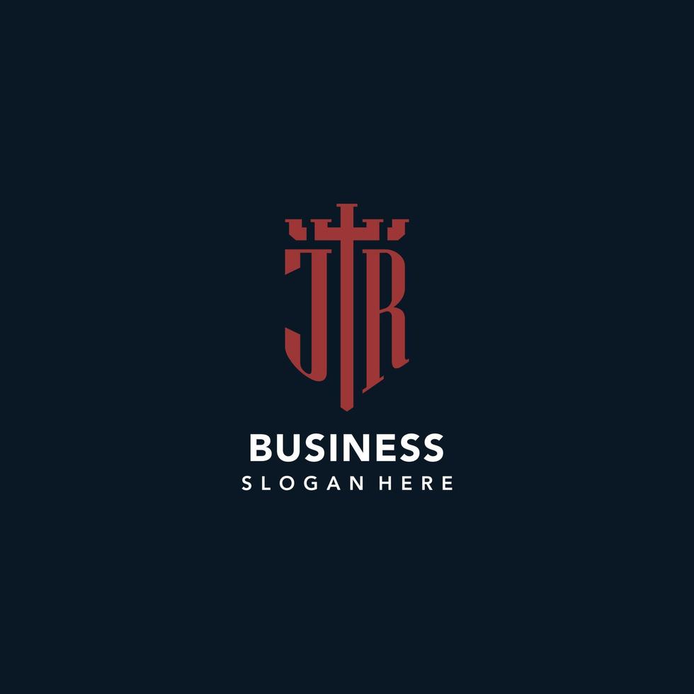 JR initial monogram logos with sword and shield shape design vector