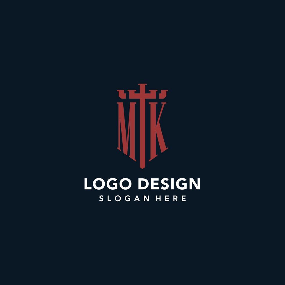 logotipos de monograma inicial mk con diseño de forma de espada y escudo vector