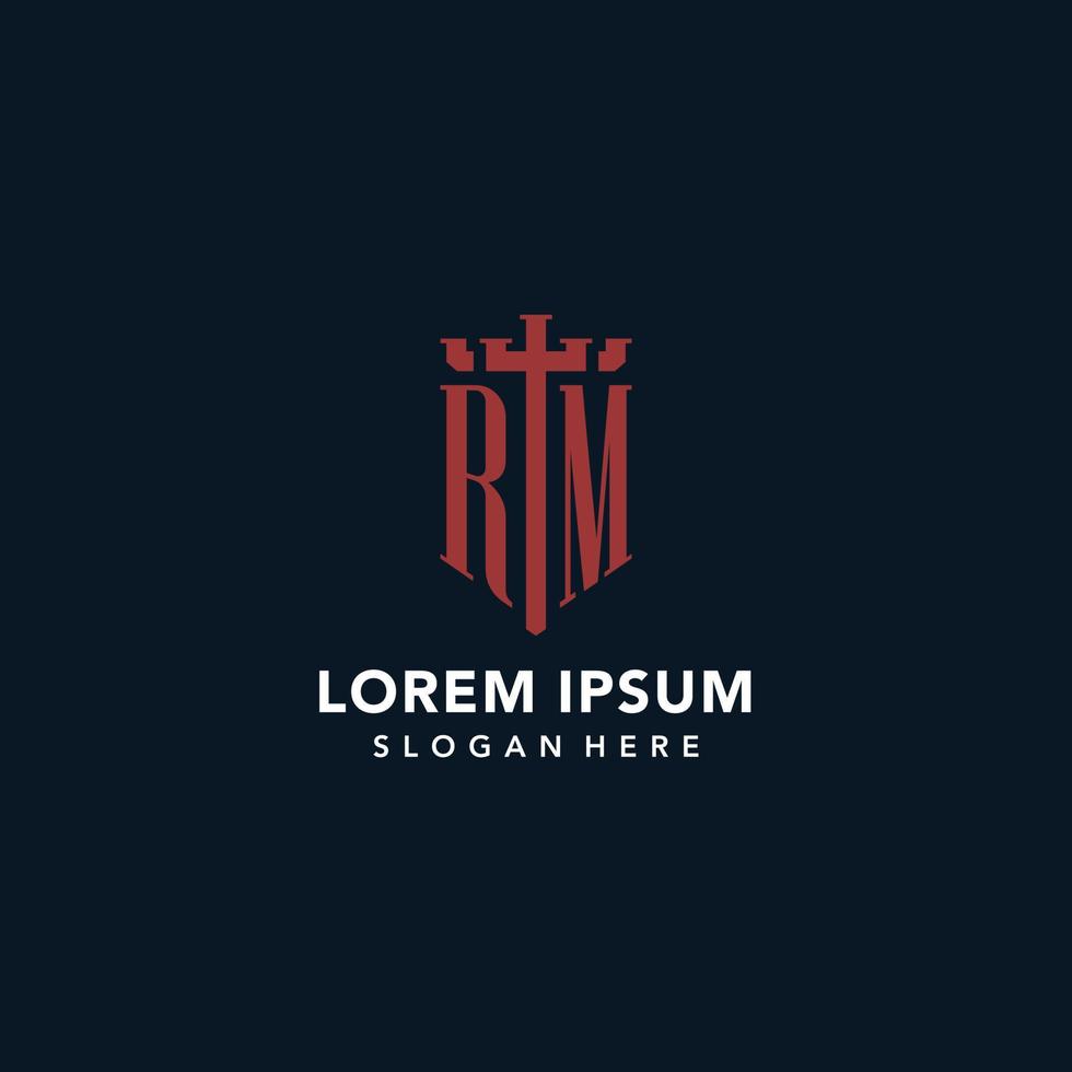 RM initial monogram logos with sword and shield shape design vector