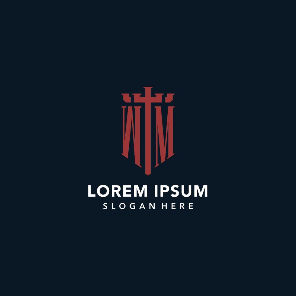 WM initial monogram logos with sword and shield shape design vector