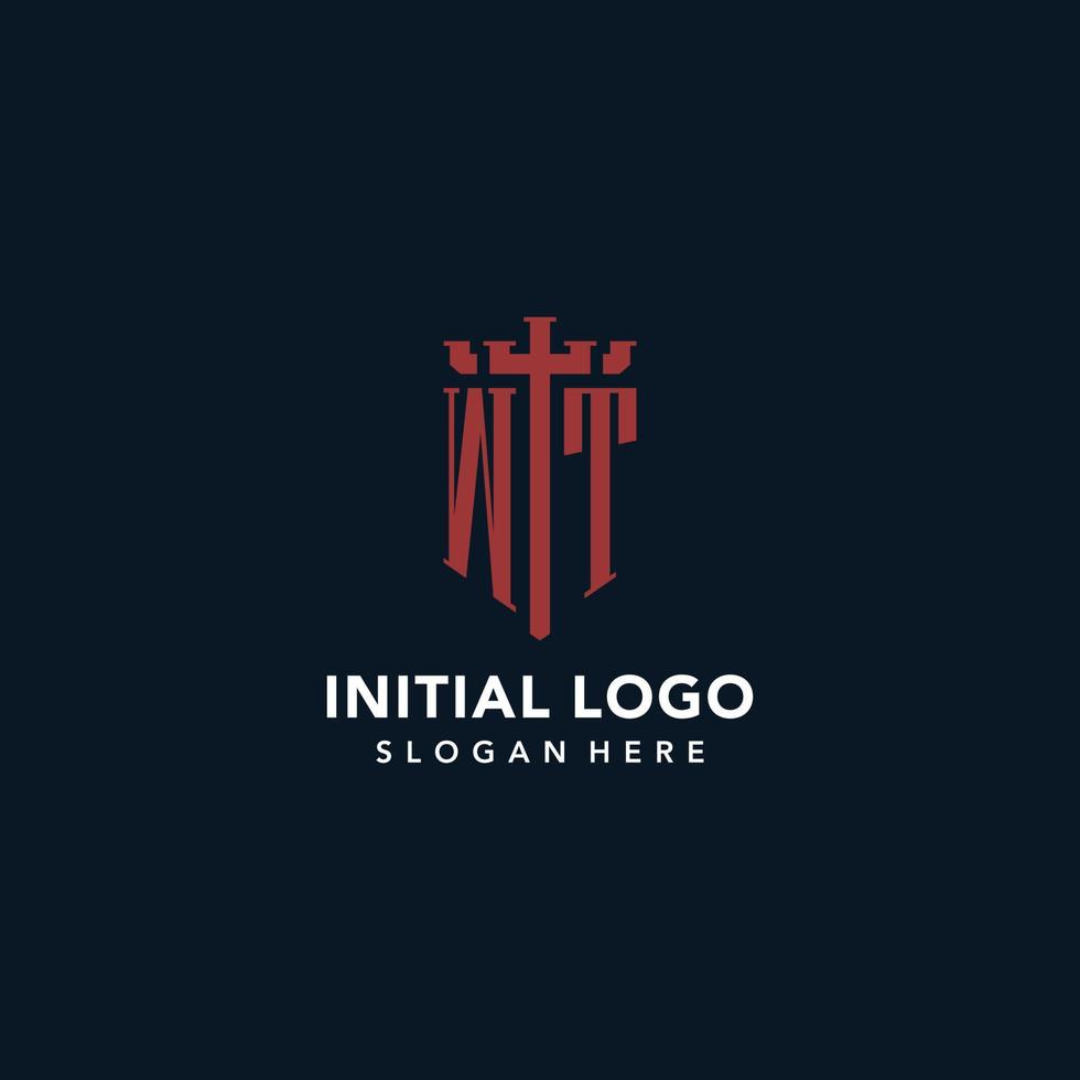 WT initial monogram logos with sword and shield shape design vector