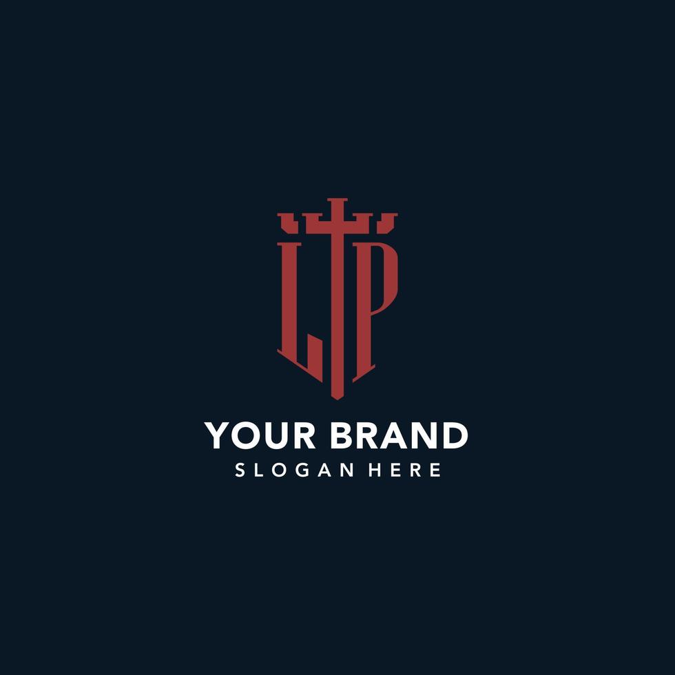 LP initial monogram logos with sword and shield shape design vector