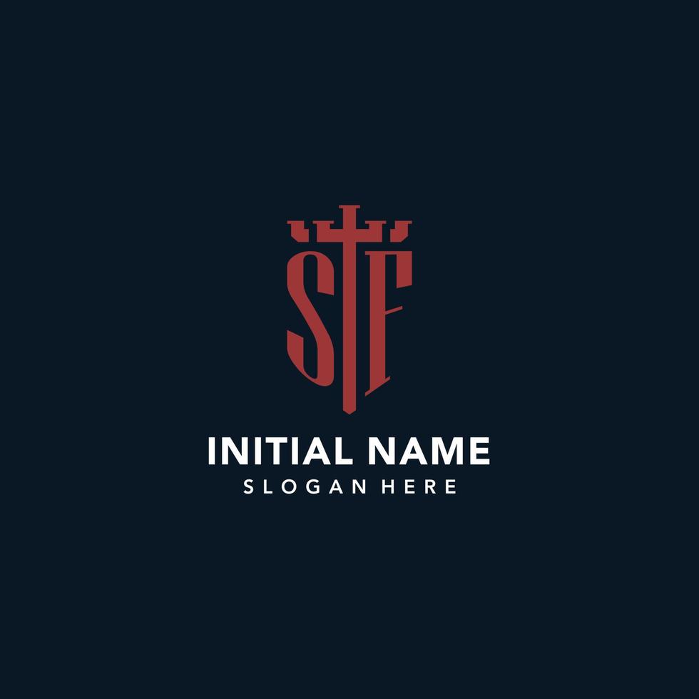 SF initial monogram logos with sword and shield shape design vector