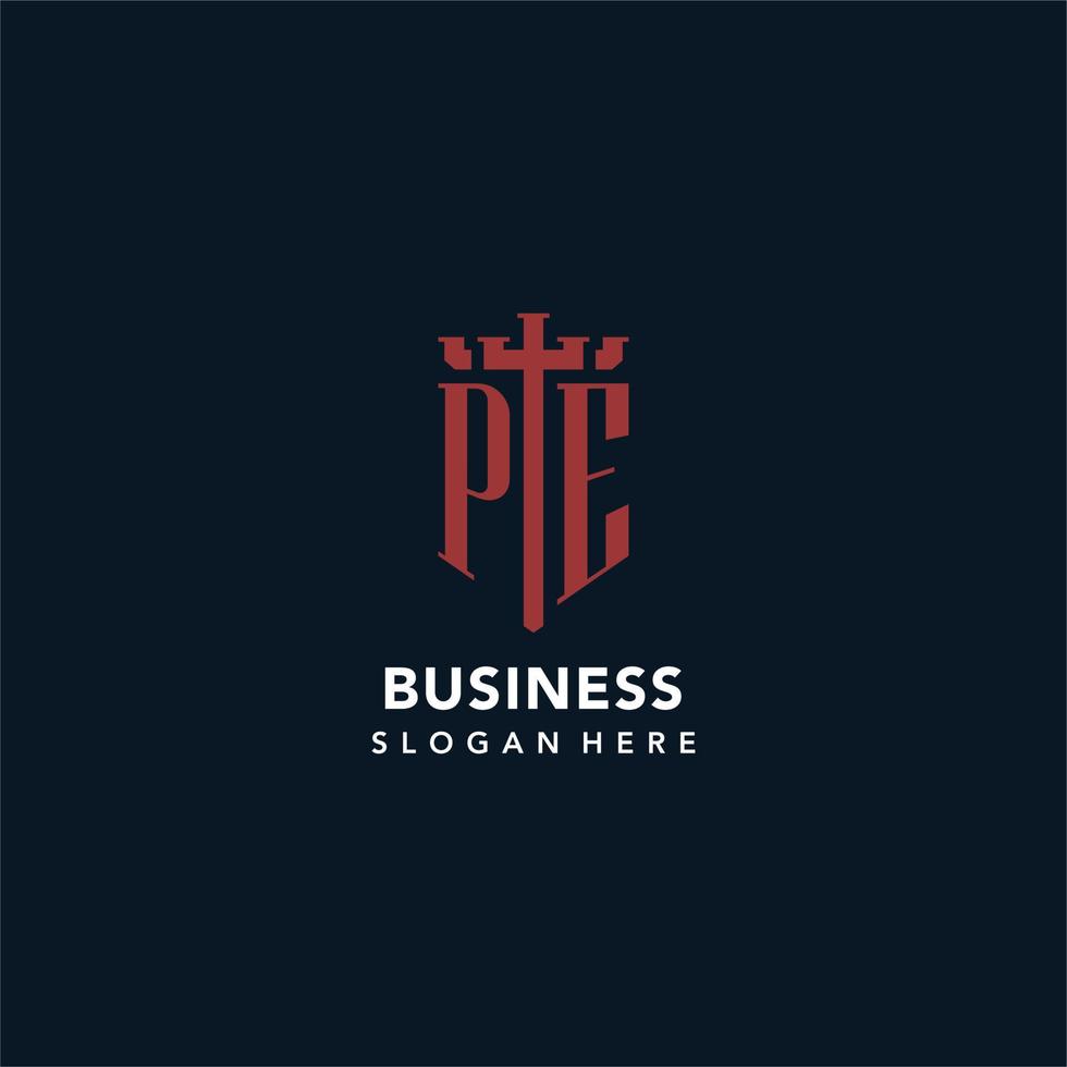 PE initial monogram logos with sword and shield shape design vector