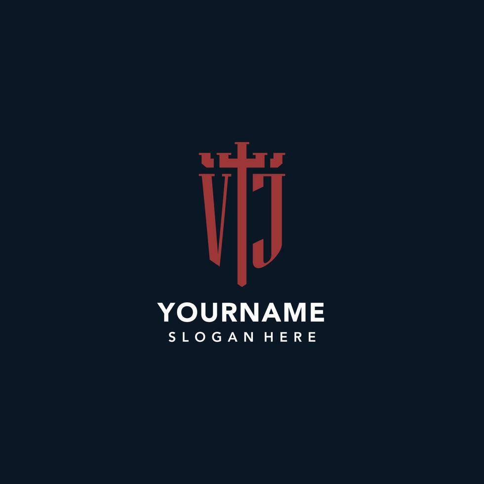 VJ initial monogram logos with sword and shield shape design vector