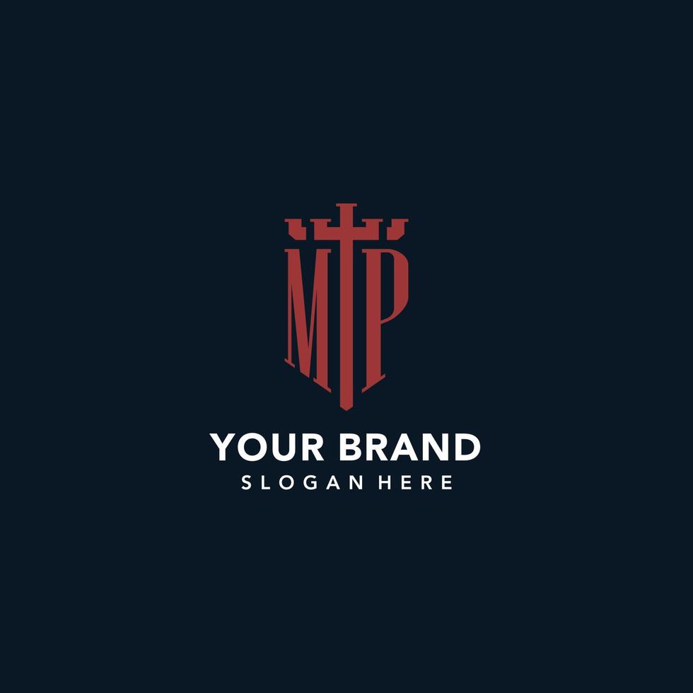 MP initial monogram logos with sword and shield shape design vector