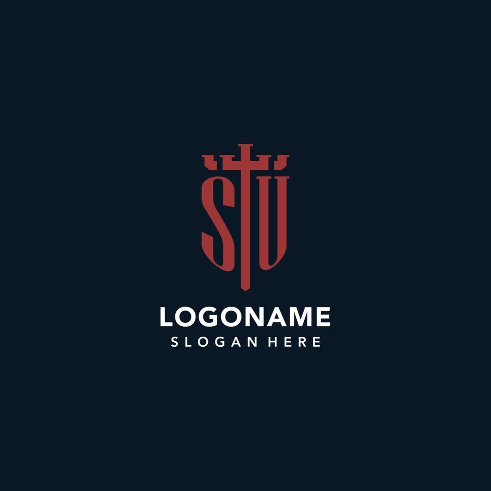 SU initial monogram logos with sword and shield shape design vector