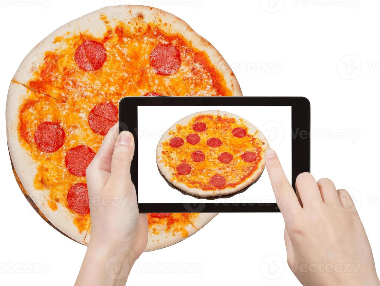 tourist photographs of italian pizza with salami photo
