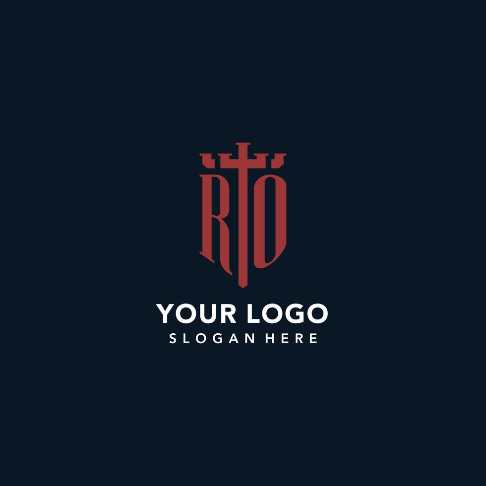 logotipos de monograma inicial ro con diseño de forma de espada y escudo vector