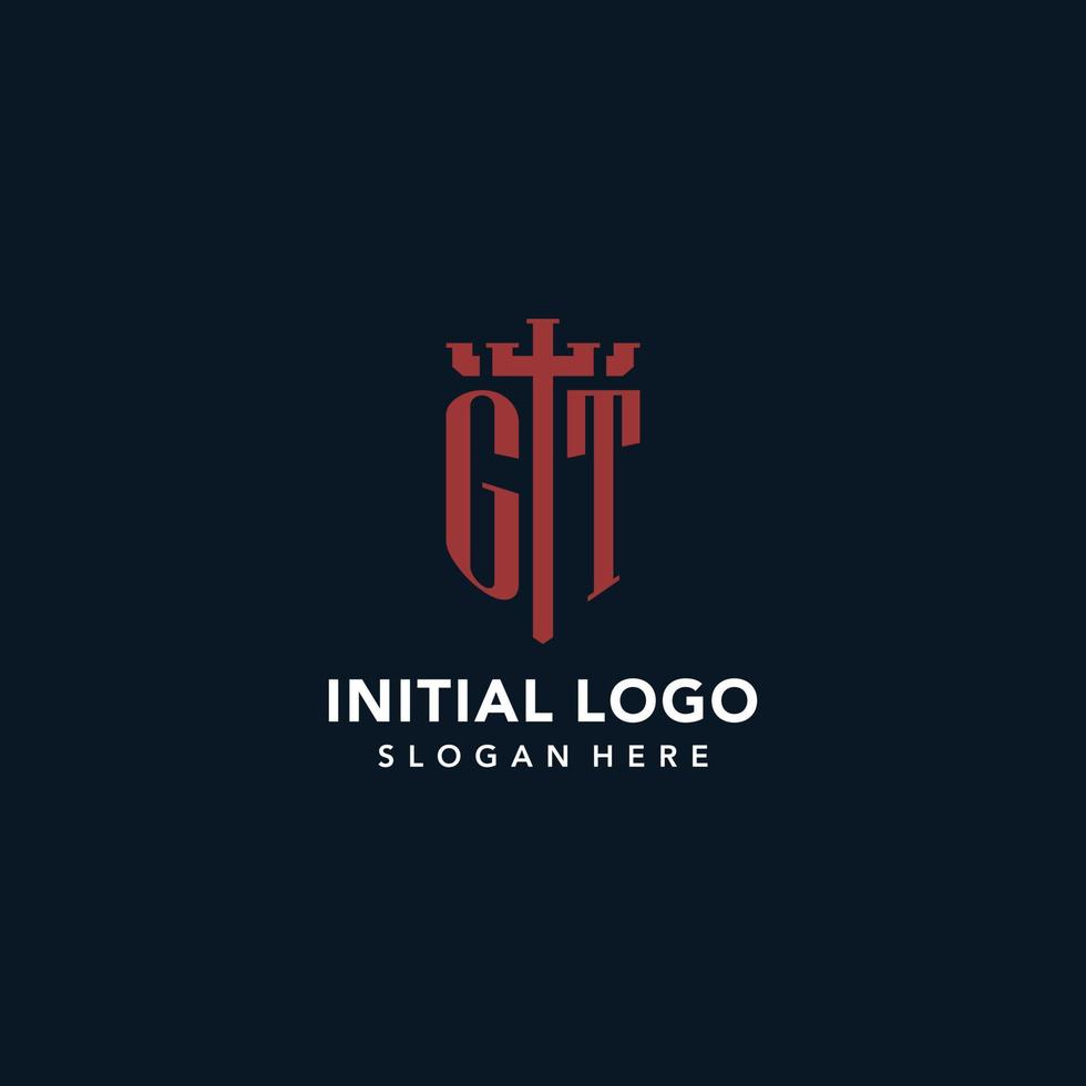 logotipos de monograma inicial gt con diseño de forma de espada y escudo vector