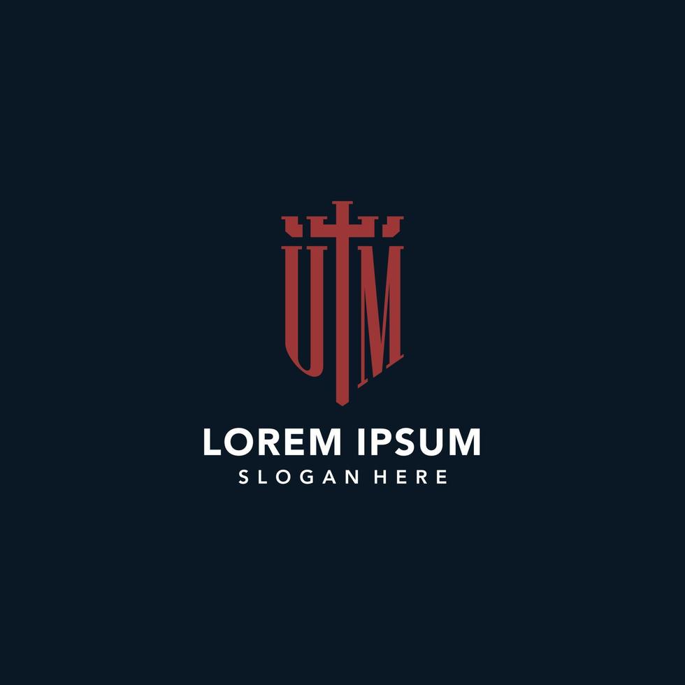 UM initial monogram logos with sword and shield shape design vector