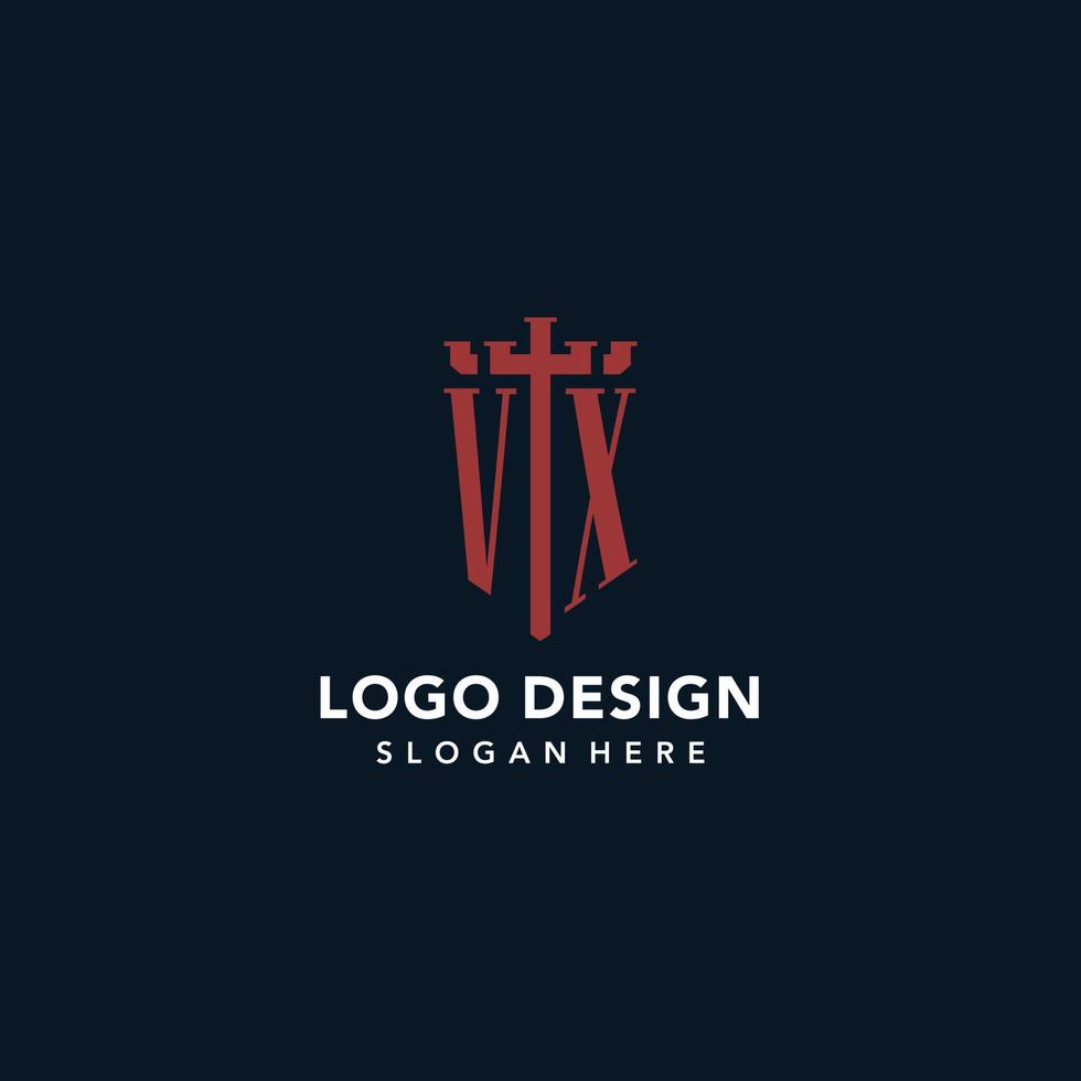 VX initial monogram logos with sword and shield shape design vector