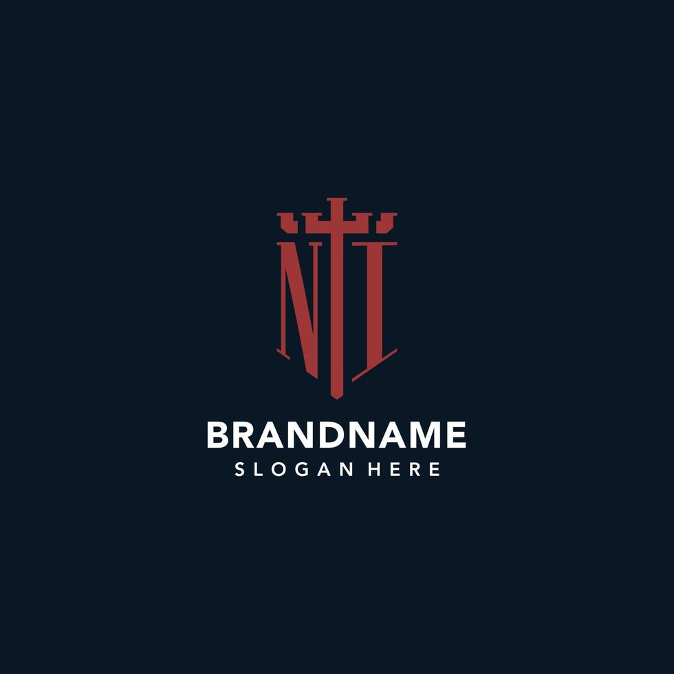 NI initial monogram logos with sword and shield shape design vector