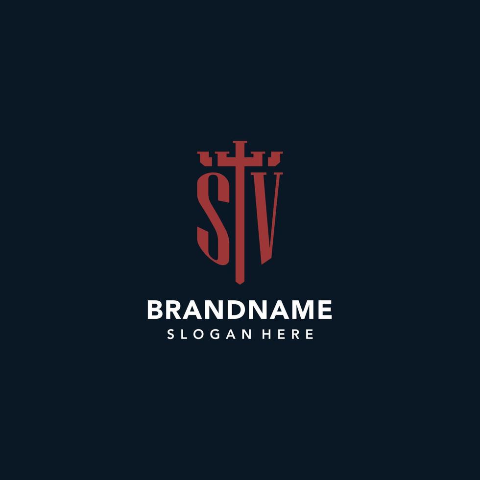 SV initial monogram logos with sword and shield shape design vector