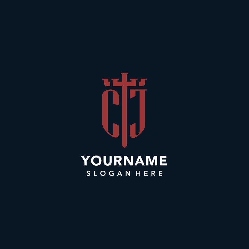 CJ initial monogram logos with sword and shield shape design vector