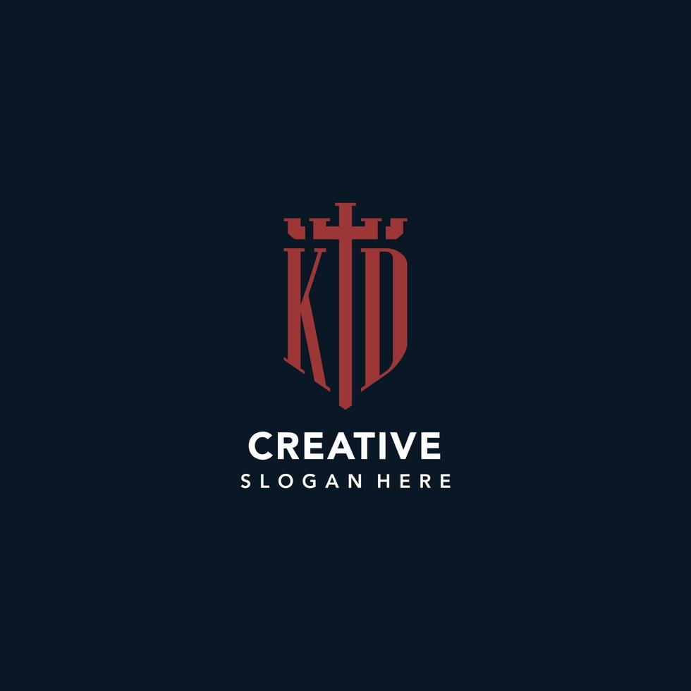 KD initial monogram logos with sword and shield shape design vector