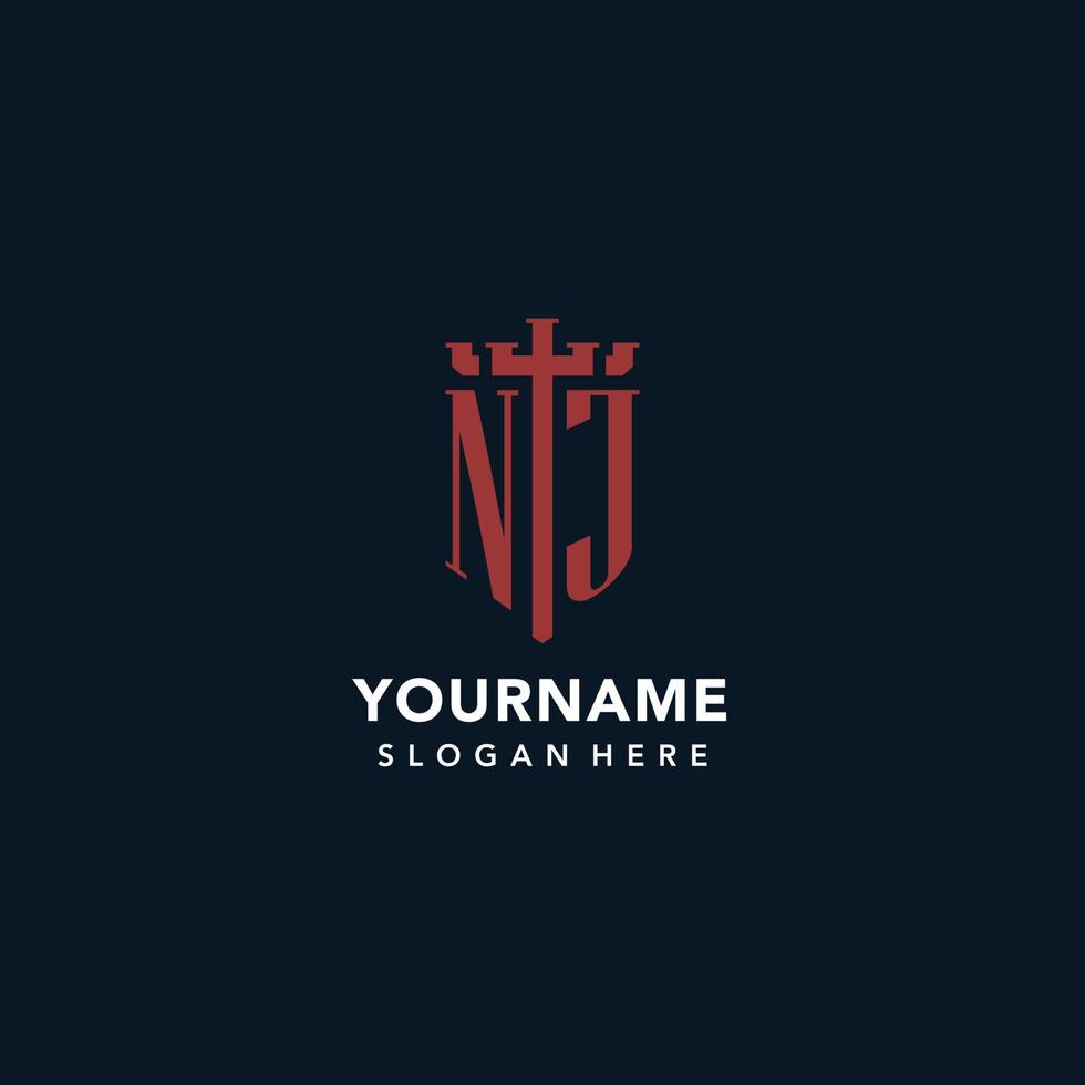 NJ initial monogram logos with sword and shield shape design vector