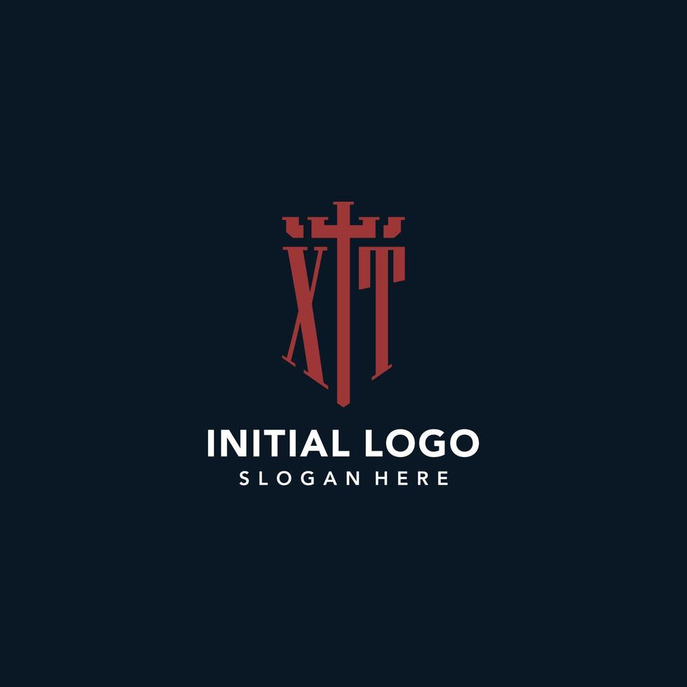 XT initial monogram logos with sword and shield shape design vector