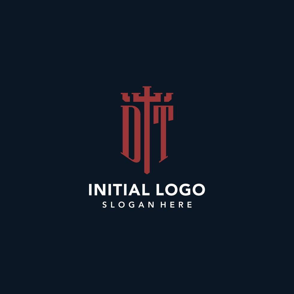 DT initial monogram logos with sword and shield shape design vector