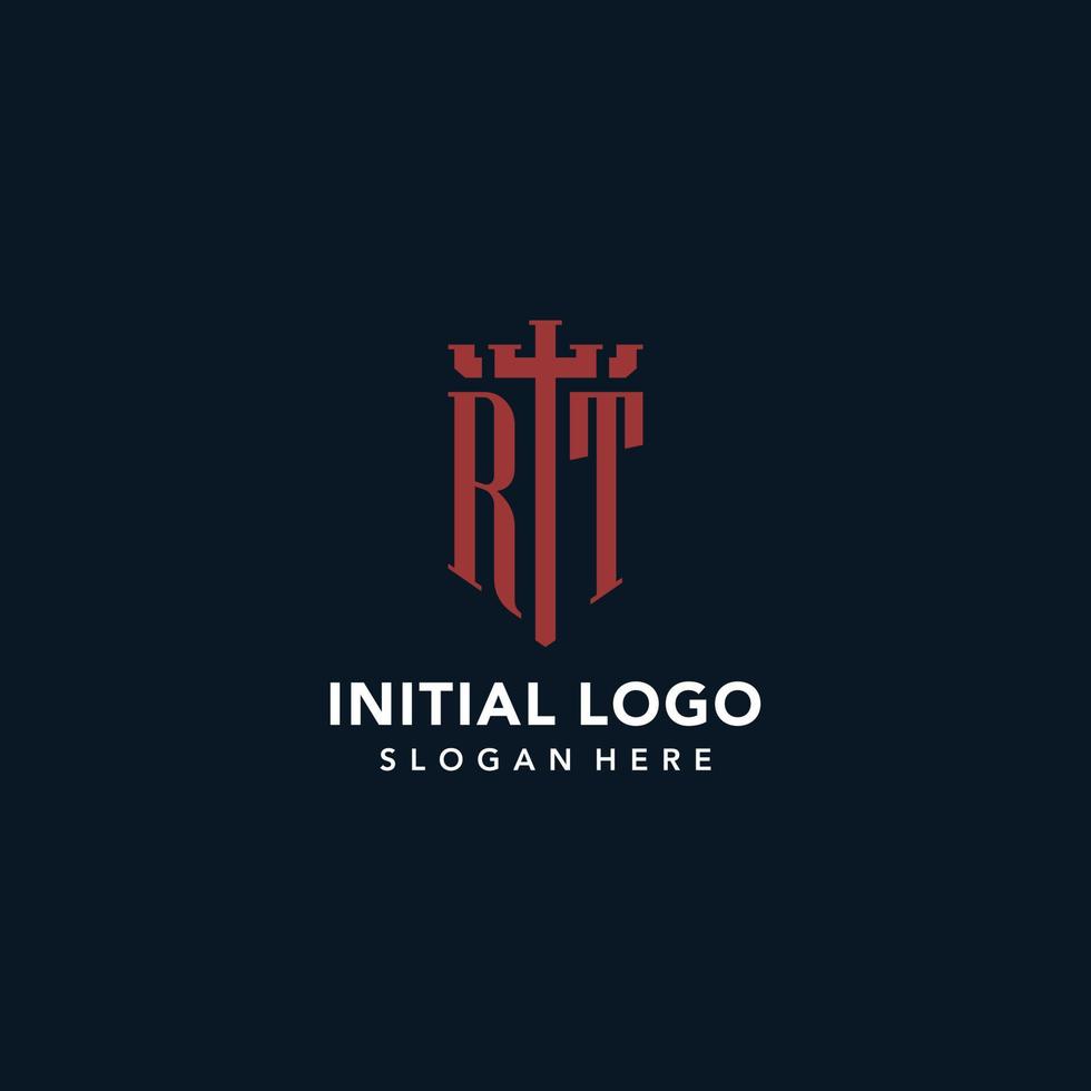 RT initial monogram logos with sword and shield shape design vector