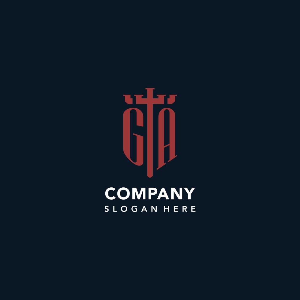 GA initial monogram logos with sword and shield shape design vector