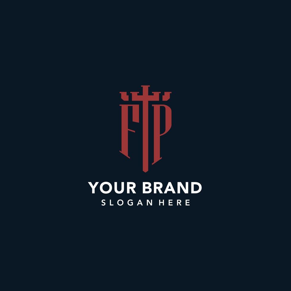 FP initial monogram logos with sword and shield shape design vector