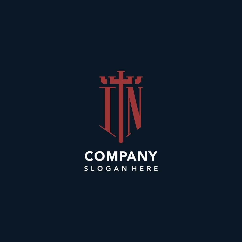 IN initial monogram logos with sword and shield shape design vector