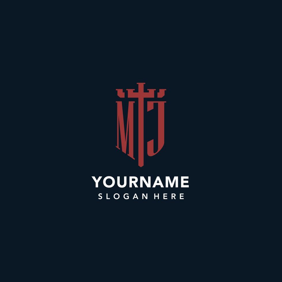 MJ initial monogram logos with sword and shield shape design vector