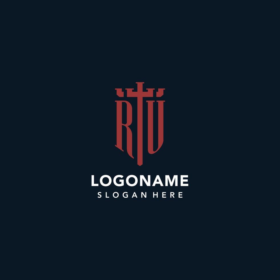 RU initial monogram logos with sword and shield shape design vector