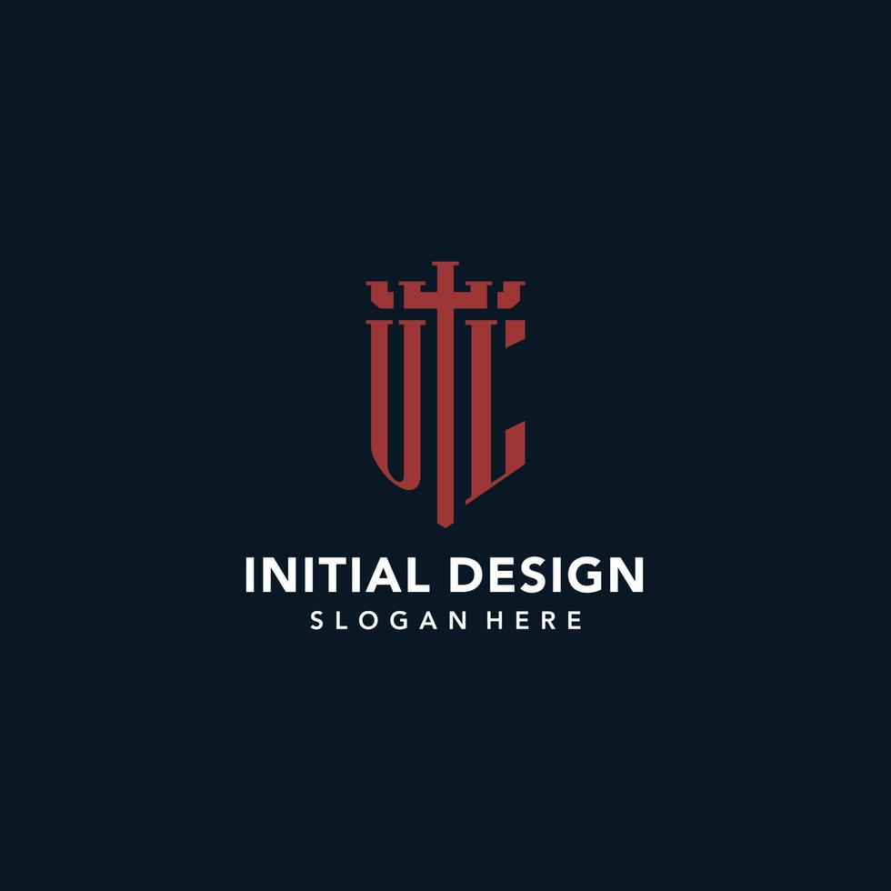 UL initial monogram logos with sword and shield shape design vector