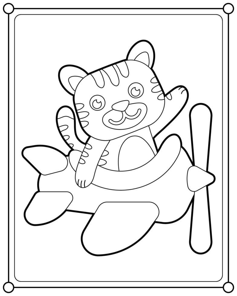 Cute cat flying on a plane, suitable for children's coloring page vector illustration