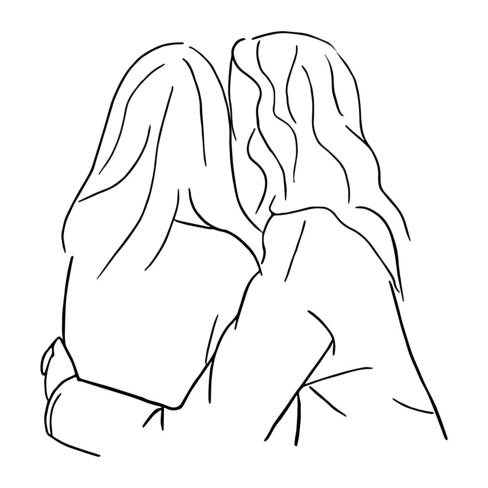 Line art minimal of lesbian embracing together in hand drawn love concept for decoration, doodle style, LGBTQ vector