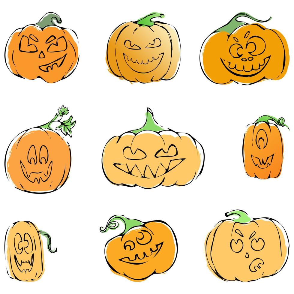 conjunto de iconos de calabazas de Halloween. dibujo de tinta de línea de contorno de color. vista frontal. vector