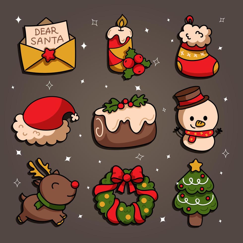 Set of vector Christmas icons. Gift, ball, candle, donut, candy, gift, hat, mittens isolated on dark background.