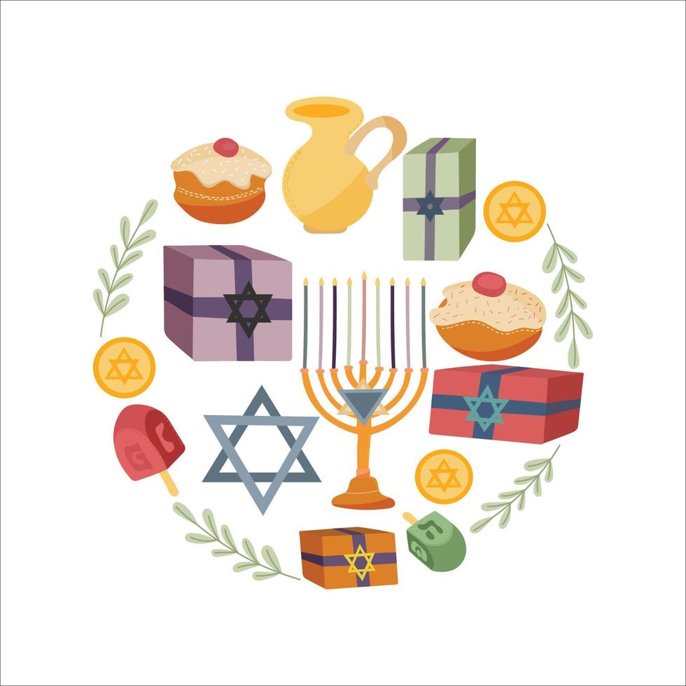 Square greeting card or postcard template with Happy Hanukkah lettering and holiday symbols and attributes - menorah, sufganiyah doughnuts, olive branch. Vector illustration