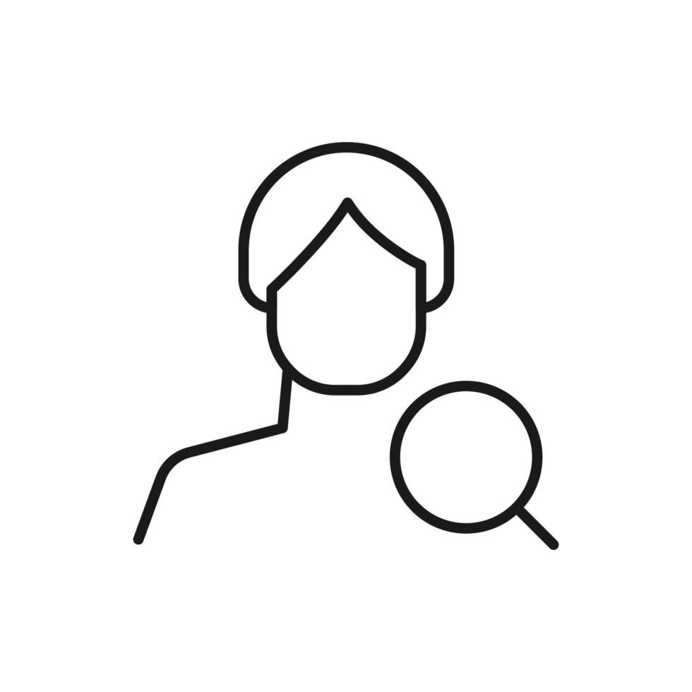 Hobby, business, profession of man. Modern vector outline symbol in flat style with black thin line. Monochrome icon of magnifying glass by anonymous male
