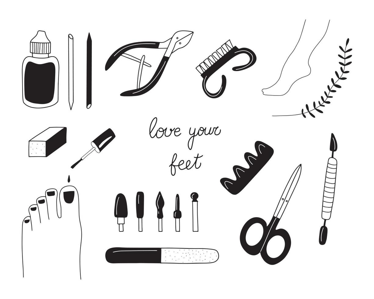 Pedicure tools and products doodle vector illustration set. Isolated on white background.